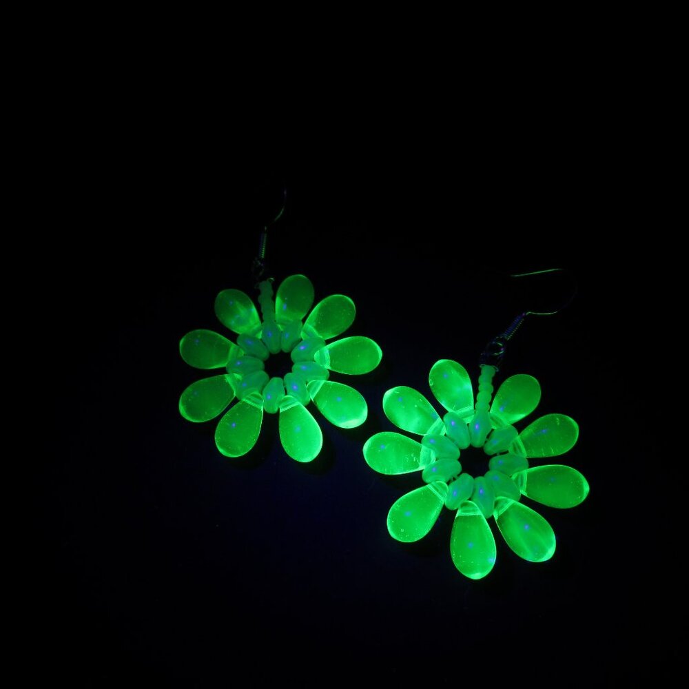 Handwoven Uranium Glass drop flower Statement earrings - Picture 7 of 10